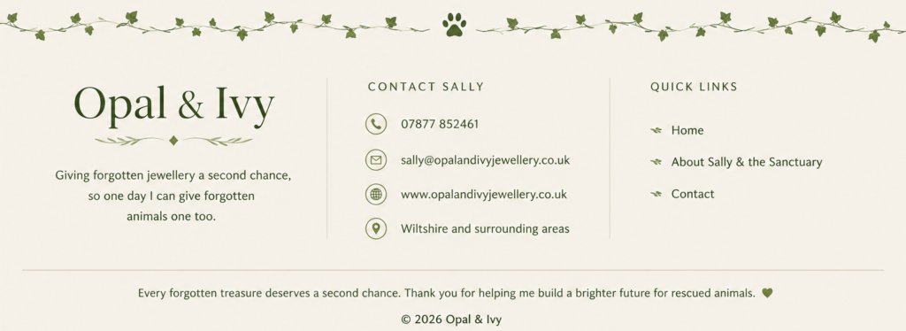 Opal & Ivy website footer with contact details, quick links and sanctuary mission.