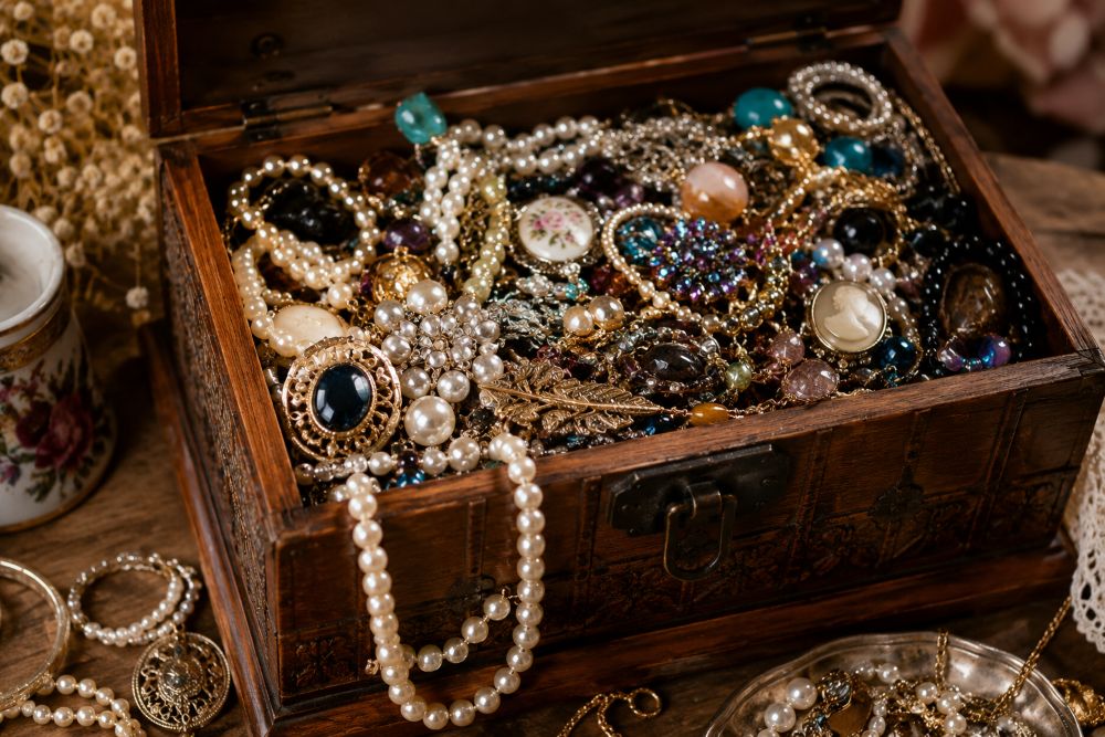 Vintage wooden jewellery chest filled with necklaces, pearls, brooches and costume jewellery for house clearance and repurposing.