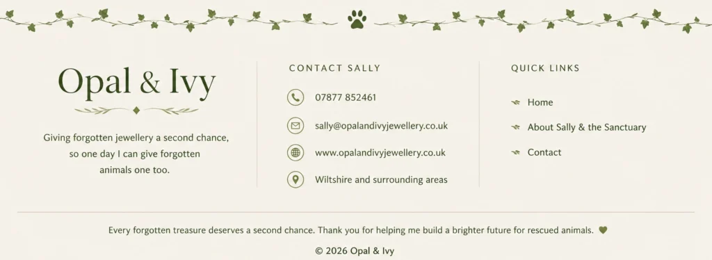 Opal & Ivy website footer with contact details, quick links and sanctuary mission.