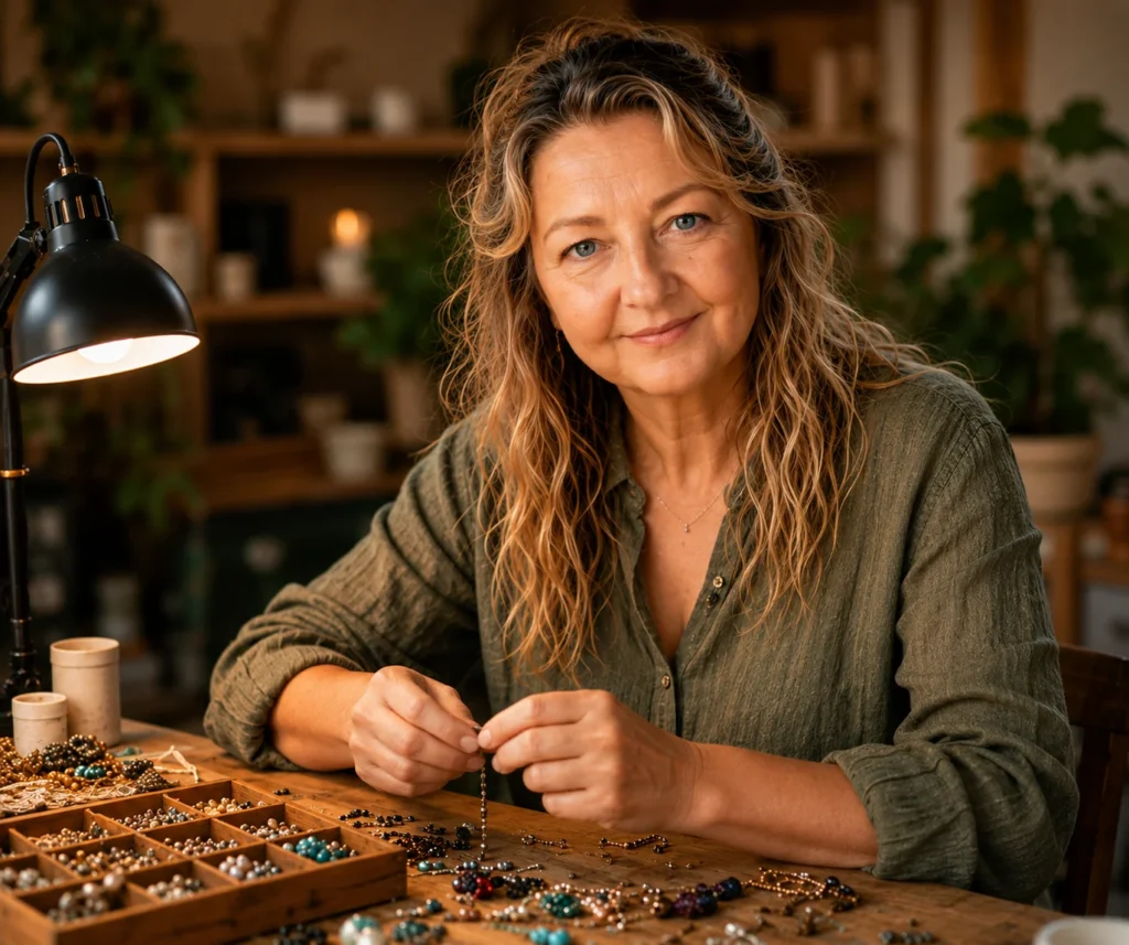 Sally, founder of Opal & Ivy, creating and repurposing unwanted costume jewellery in Wiltshire.